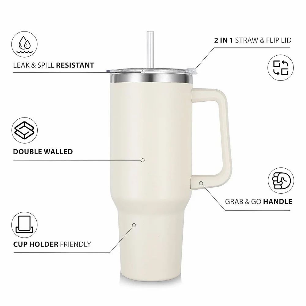 Large Stainless Steel Insulated Tumbler | 1.2L Travel Mug with Handle & Straw – Hot & Cold
