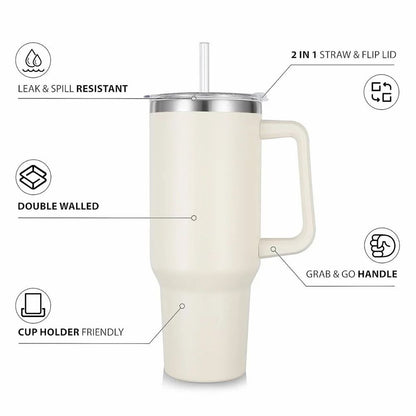 Large Stainless Steel Insulated Tumbler | 1.2L Travel Mug with Handle & Straw – Hot & Cold